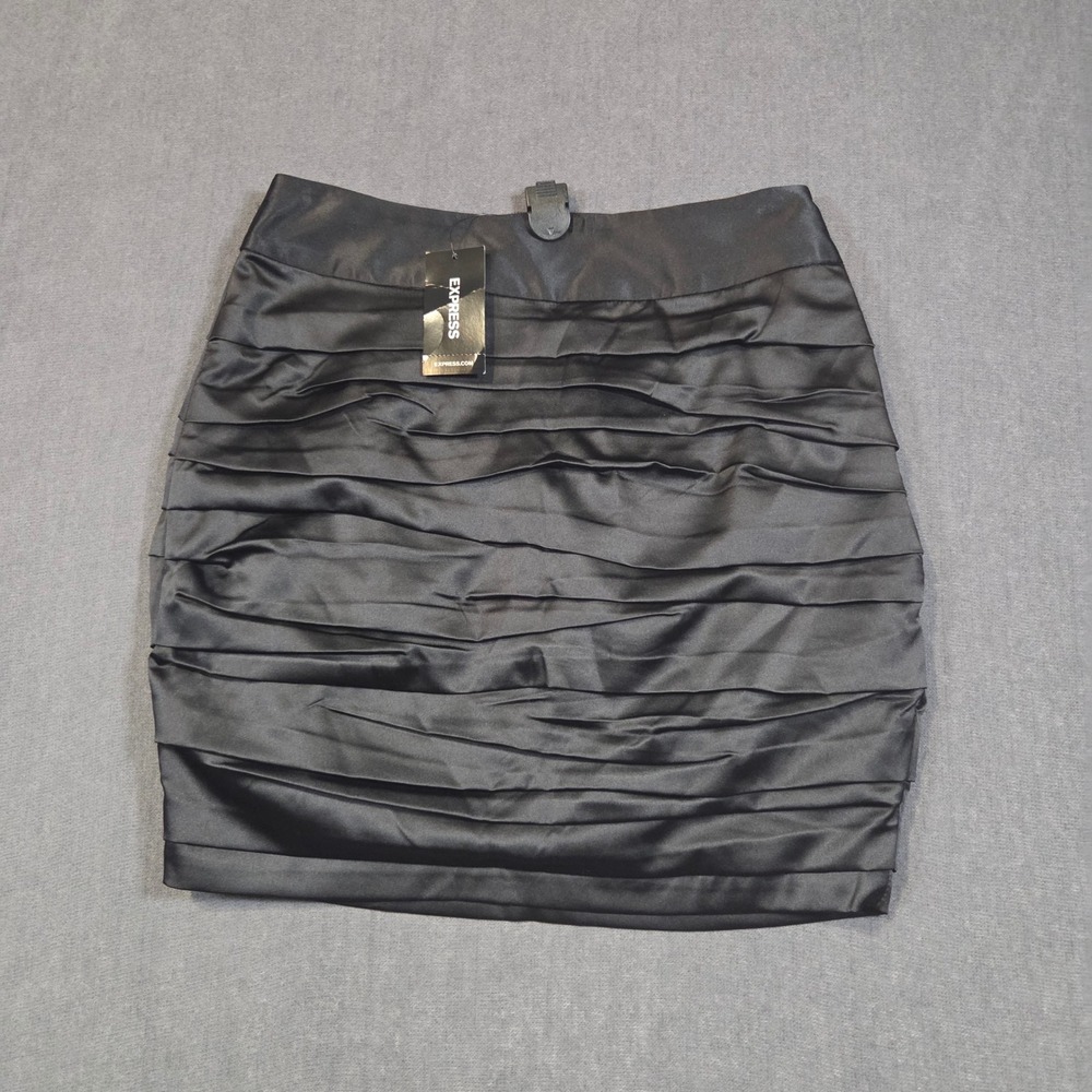 Express Pleated Mini Skirt Womens 00 Black Satin Tiered